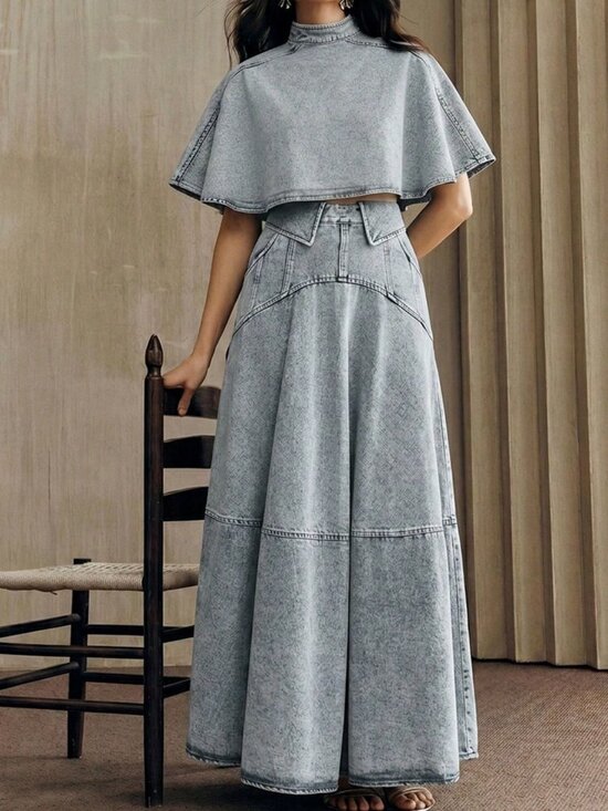 Dresses & Skirts - Blue Elegant Women's Peplum Hem Skirt & Short Sleeve Denim Cape Set